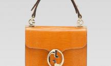 古驰-Gucci 1973- 橘色蜥蜴皮小号手提翻盖包，配双G 细节