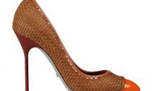 塞尔吉奥·罗西驼色编织拼接橙色漆皮高跟鞋