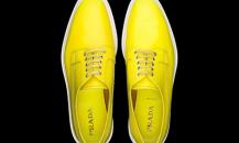 普拉达柠檬黄色皮革绑带休闲鞋