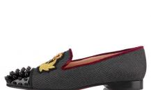 克里斯蒂安·鲁布托灰色饰黑色铆钉绣花船鞋